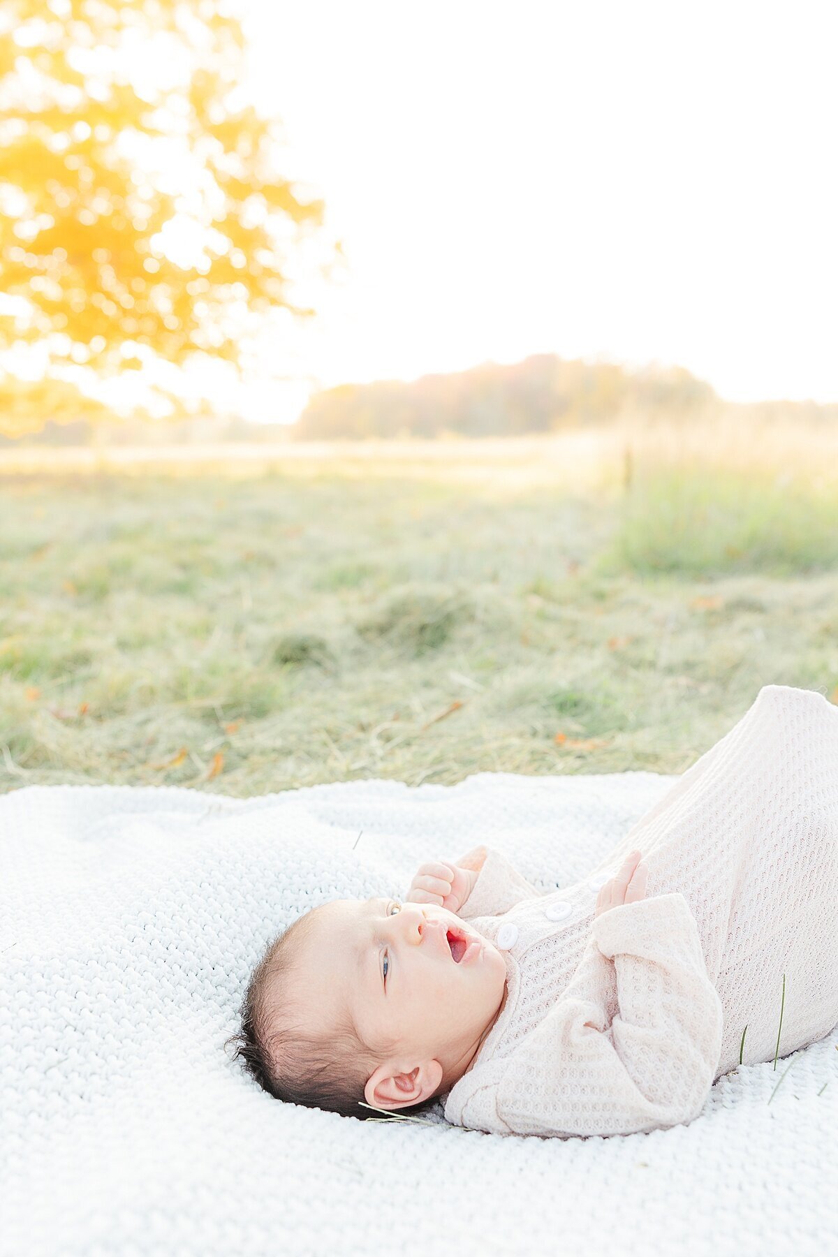 baby lays on blanket during outdoor newborn photo session with Sara Sniderman Photography