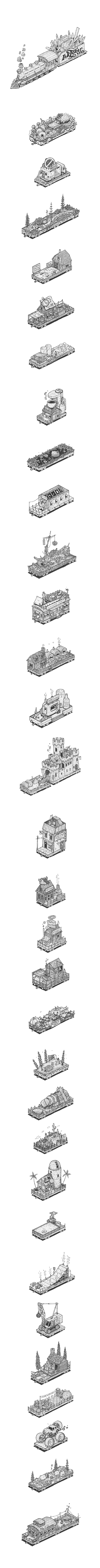 A grid of train cars themed based on the inktober prompt.