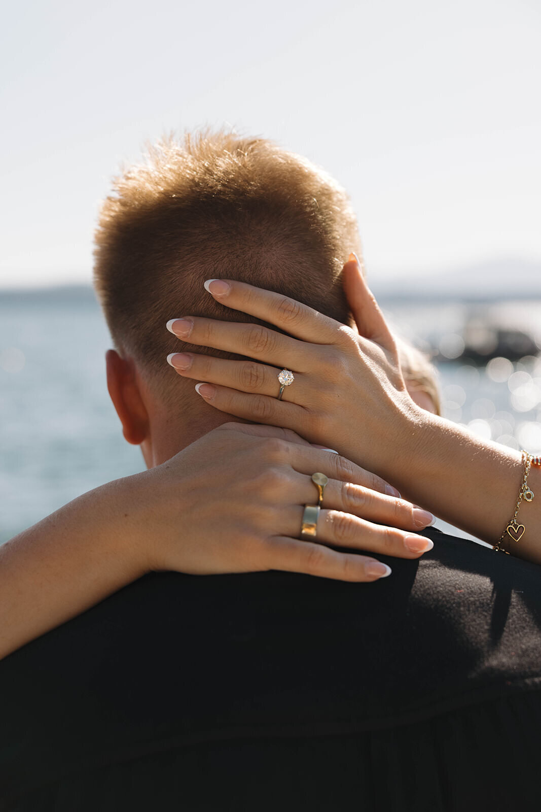 Close up of a new engagement ring on the dock