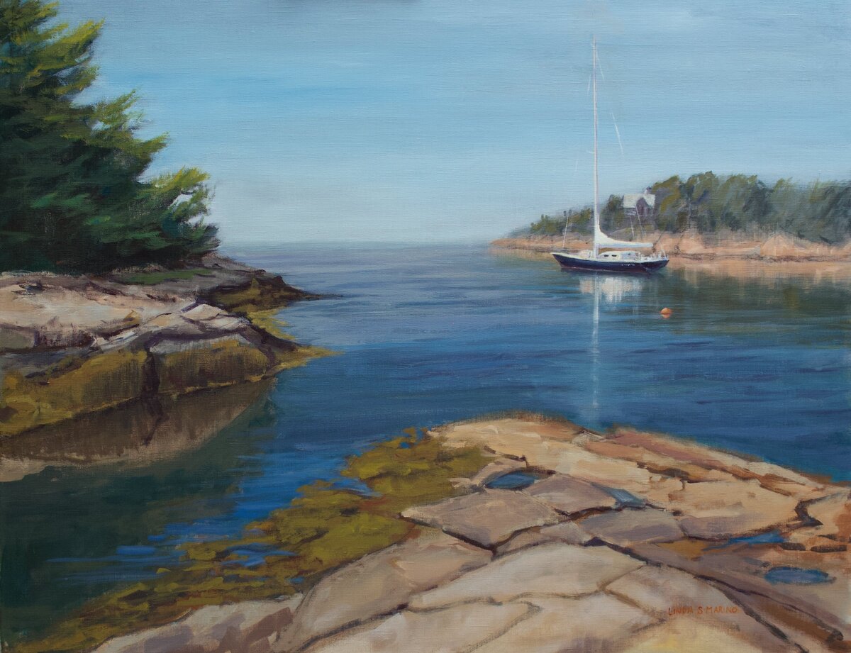 painting of Thimble Islands Pot Rock Island with blue and white boat, rocky  Island and green foliage, 30 x 38 painting, acrylic, by Linda Marino