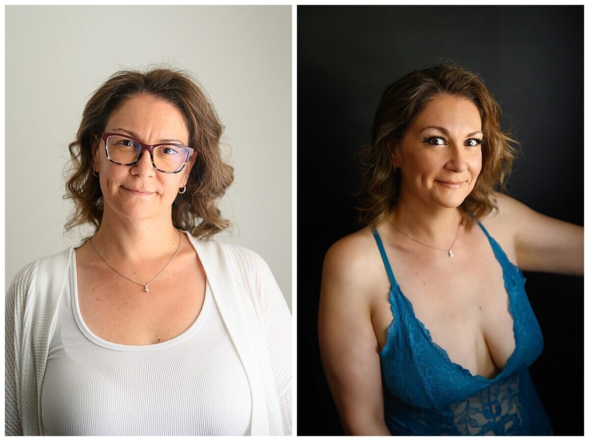 Woman wearing blue lingerie her before and after photo for hair and makeup for her boudoir photos.