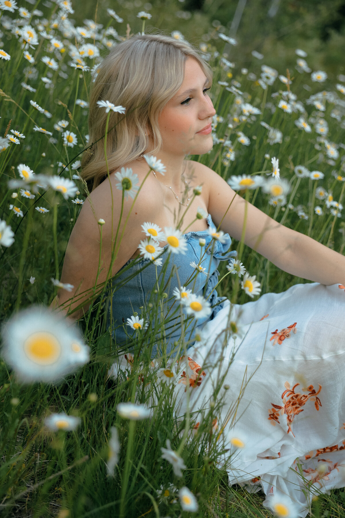 Senior Portrait of Girl Sitting in Meadow Wearing Navy Dress Surrounded by Tall Wild Grasses