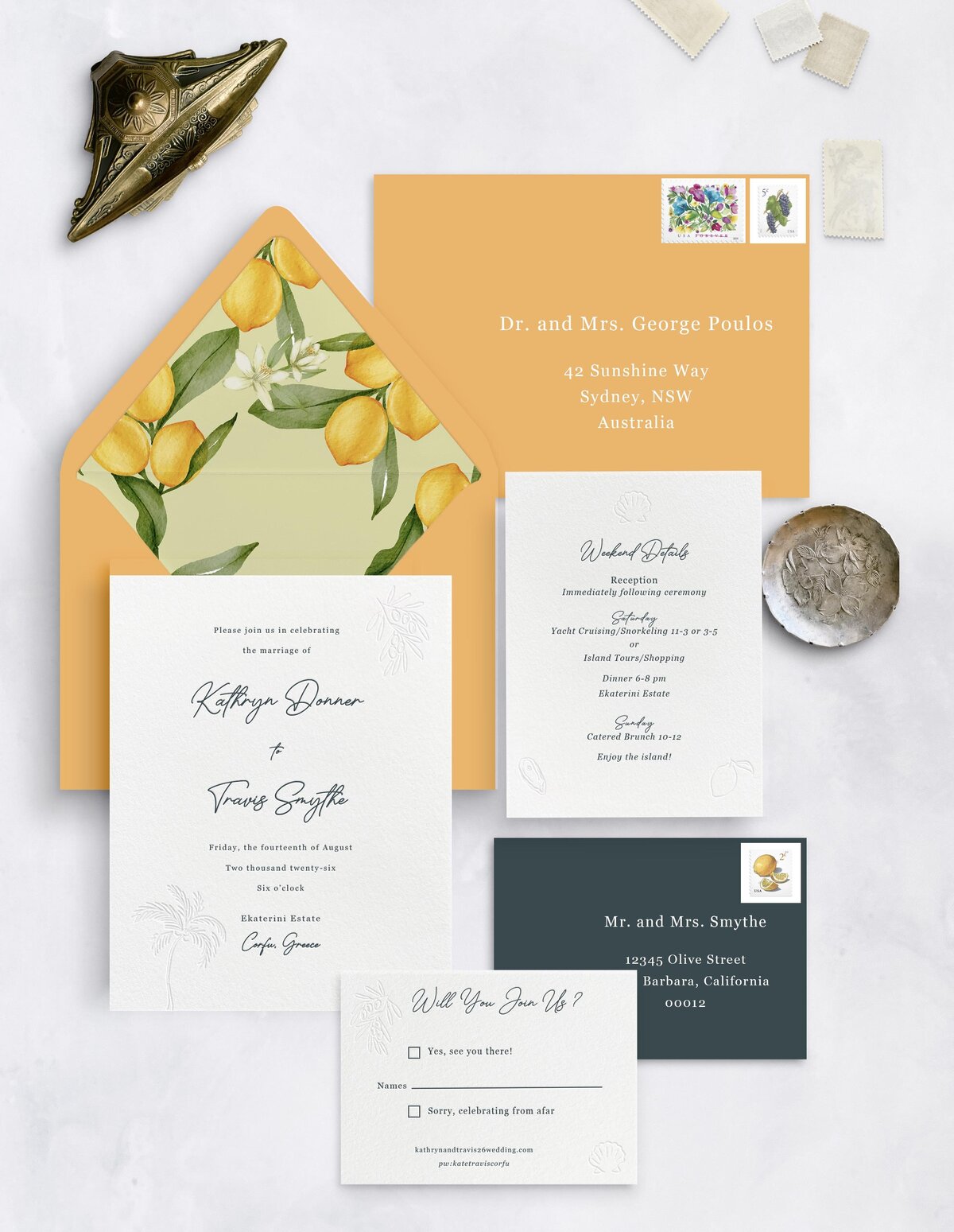 The Corfu suite features fun Mediterranean theme with blind letterpress artwork. Handwriting-like script font, bright citrus branch envelope liner. Palm tree, olive branch, oyster shell, lemons. 