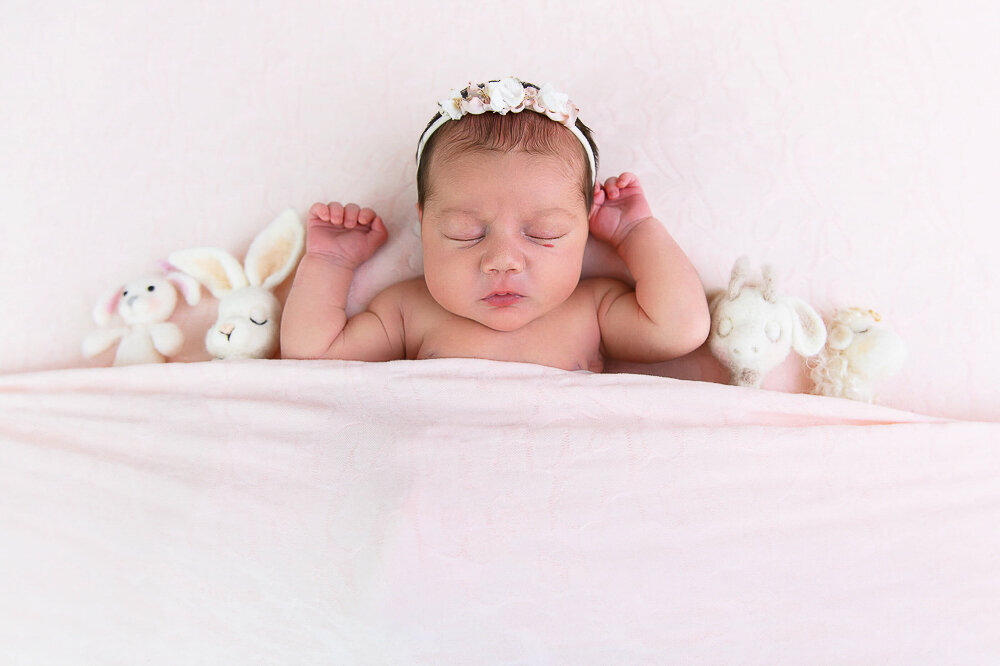 newborn girl laying on her back with stuffies around her for her Hamilton photo session.