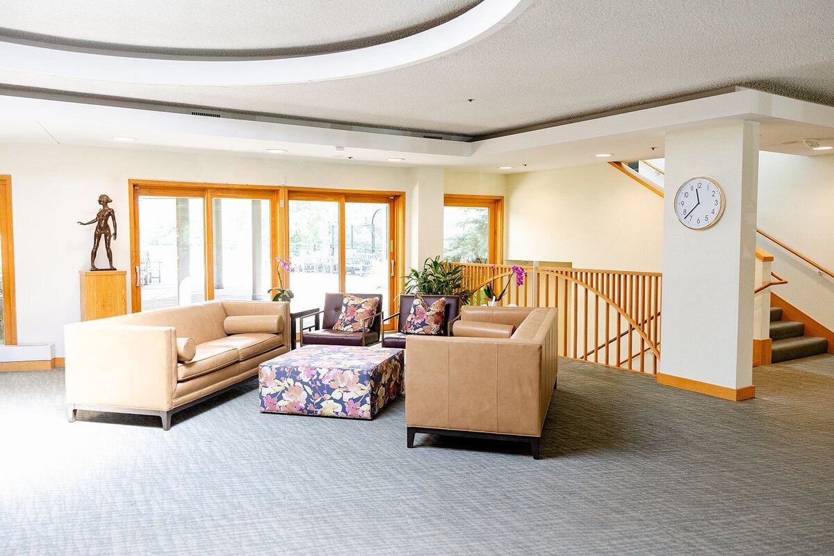 The well-lit interior waiting room at the Marsh