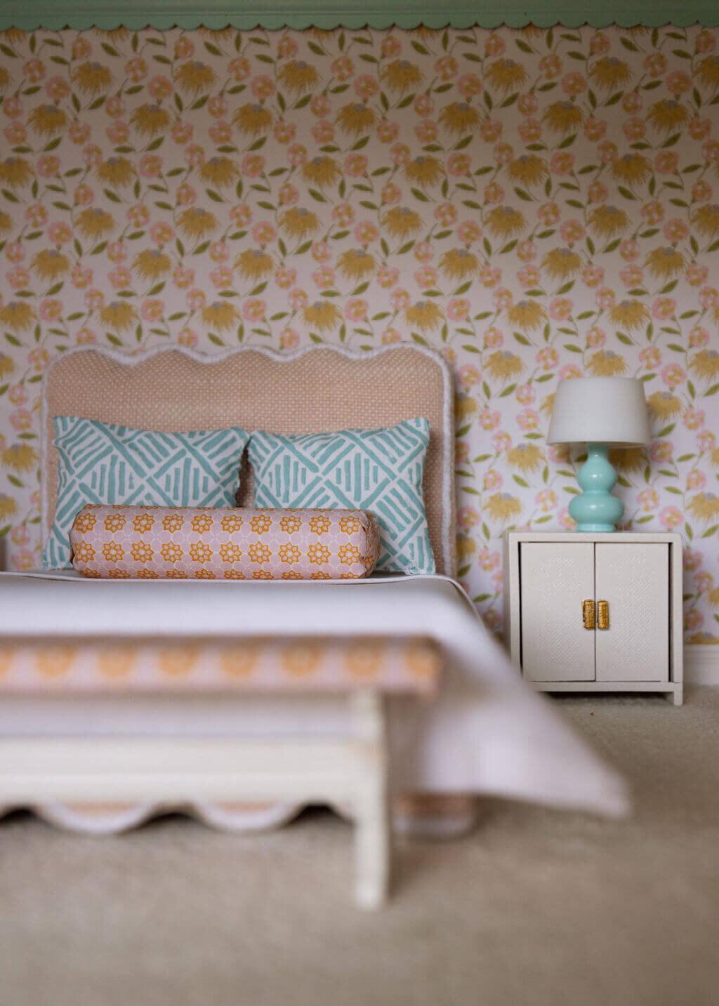 oyster creek studios petite palm beach dollhouse tan bedroom with light blue pillows and lamp