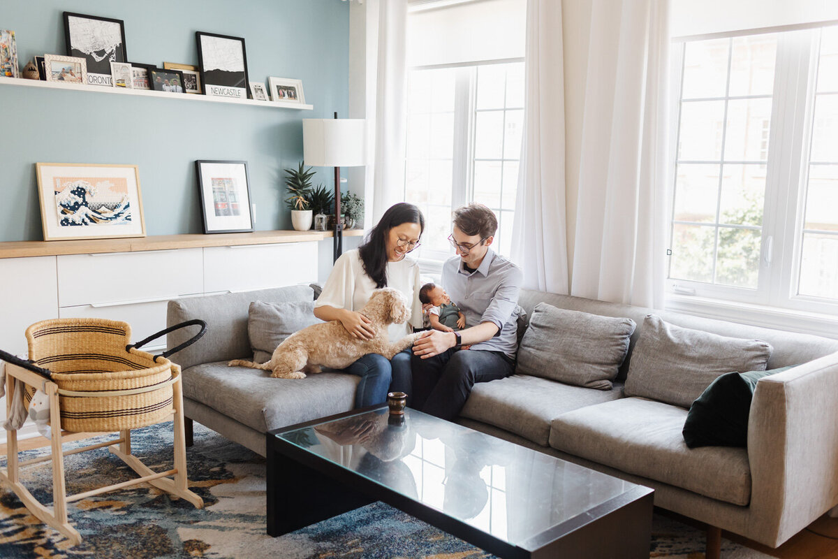 a relaxed in home newborn session with family sitting on couch with their newborn and pet dog
