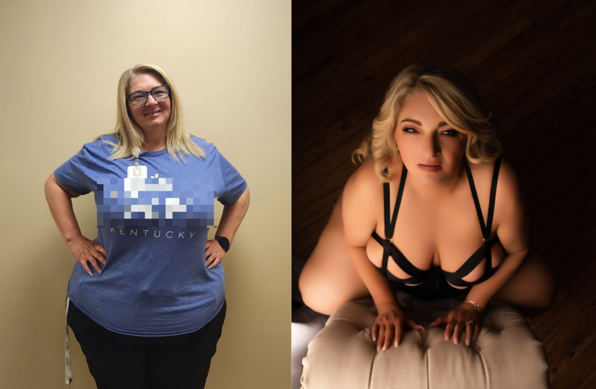 Before and after transformation showing hair and makeup from a BombShell Boudoir session