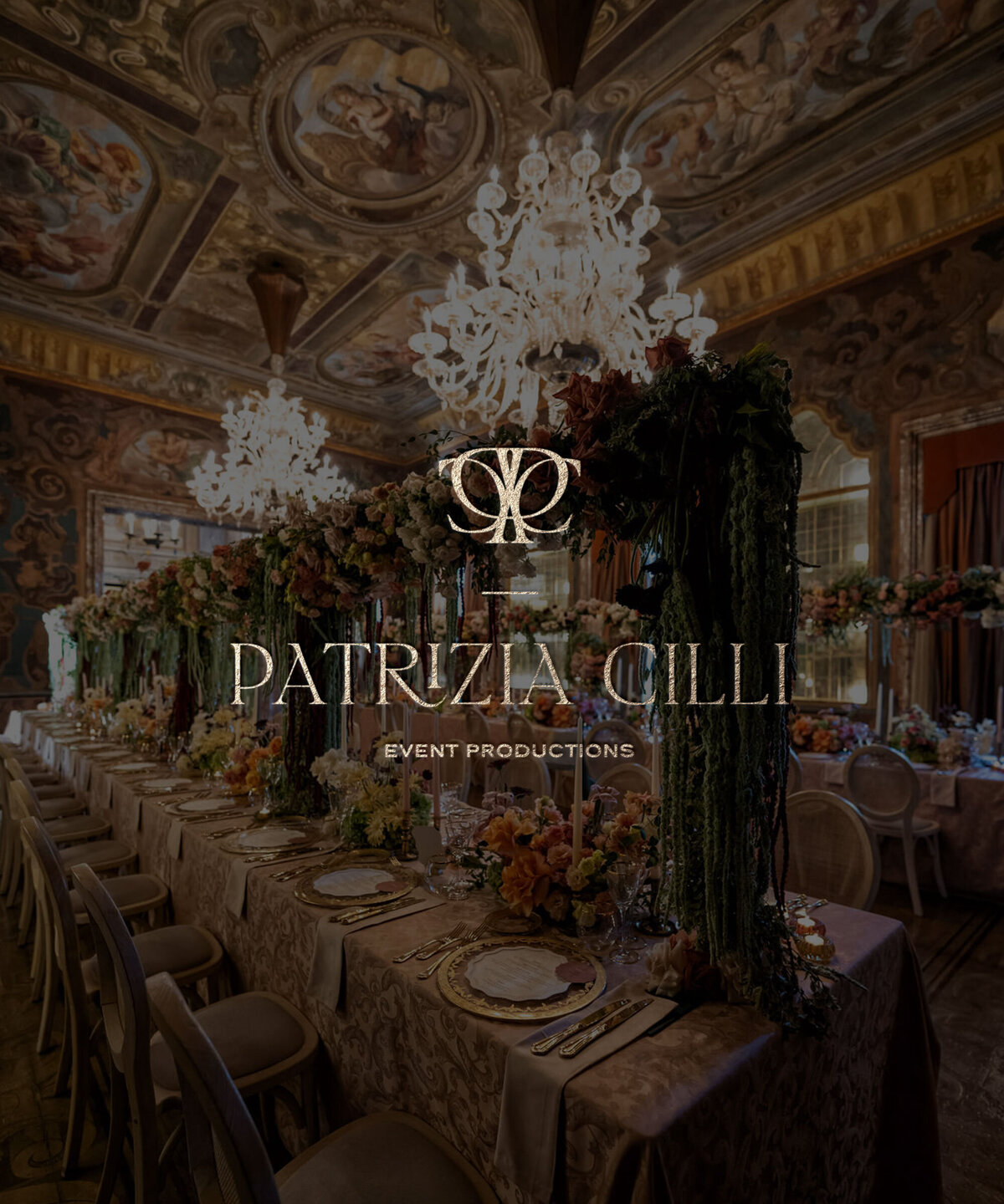 Refined monogram logo by Sarah Shuttle over a romantic luxury wedding tablescape.