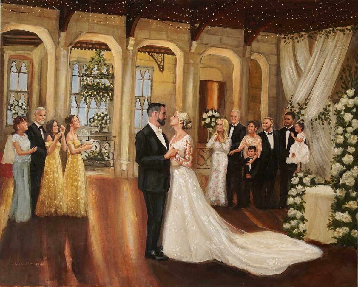 live wedding painting of bride and groom and family in the background at The Hempstead House in Sand Point Long Island