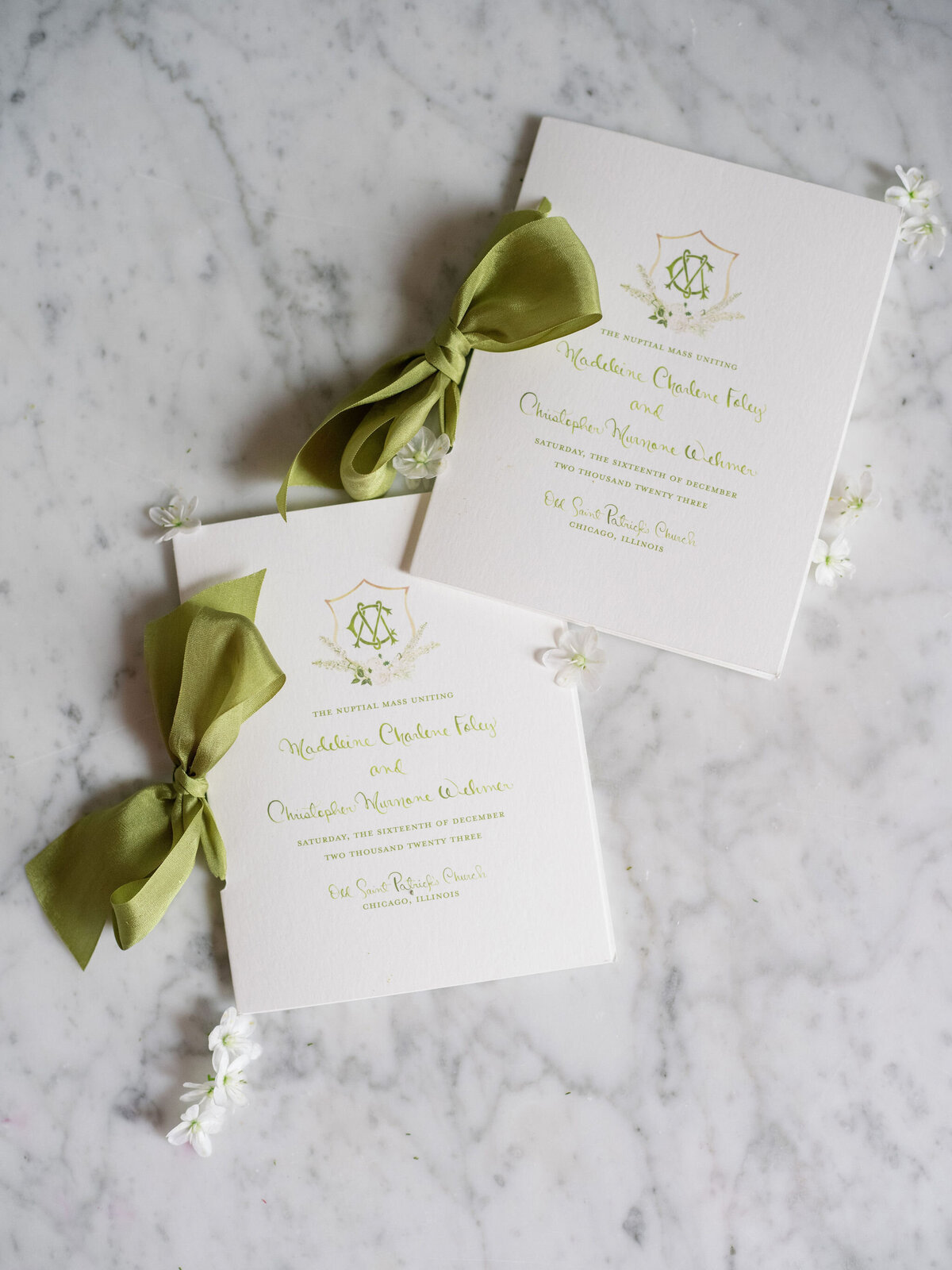 Close up of wedding invitations. 