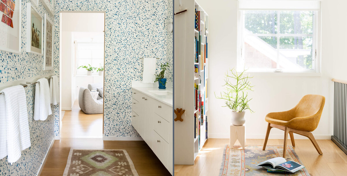 Top designers in Boston created a modern kids' bathroom and cozy reading nook in a new build home in Hingham on the South Shore of New England.