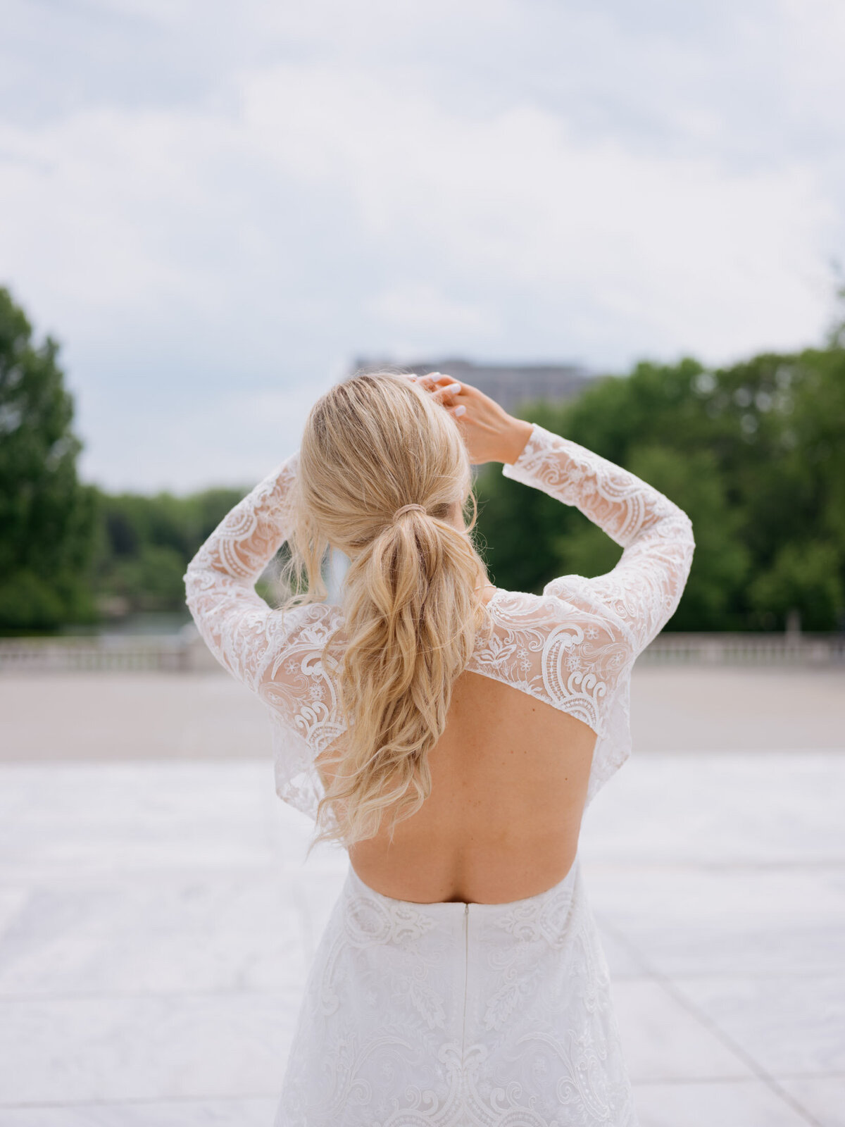 Bride's dress shot during her Cleveland Art Museum engagement session.