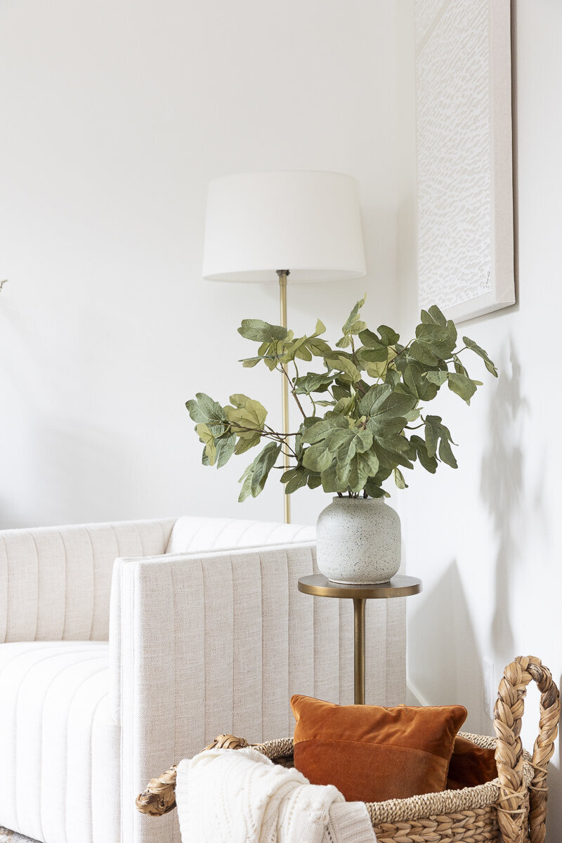 dewine design orlando interior designer belle isle plant on round gold table with orange pillow in woven basket