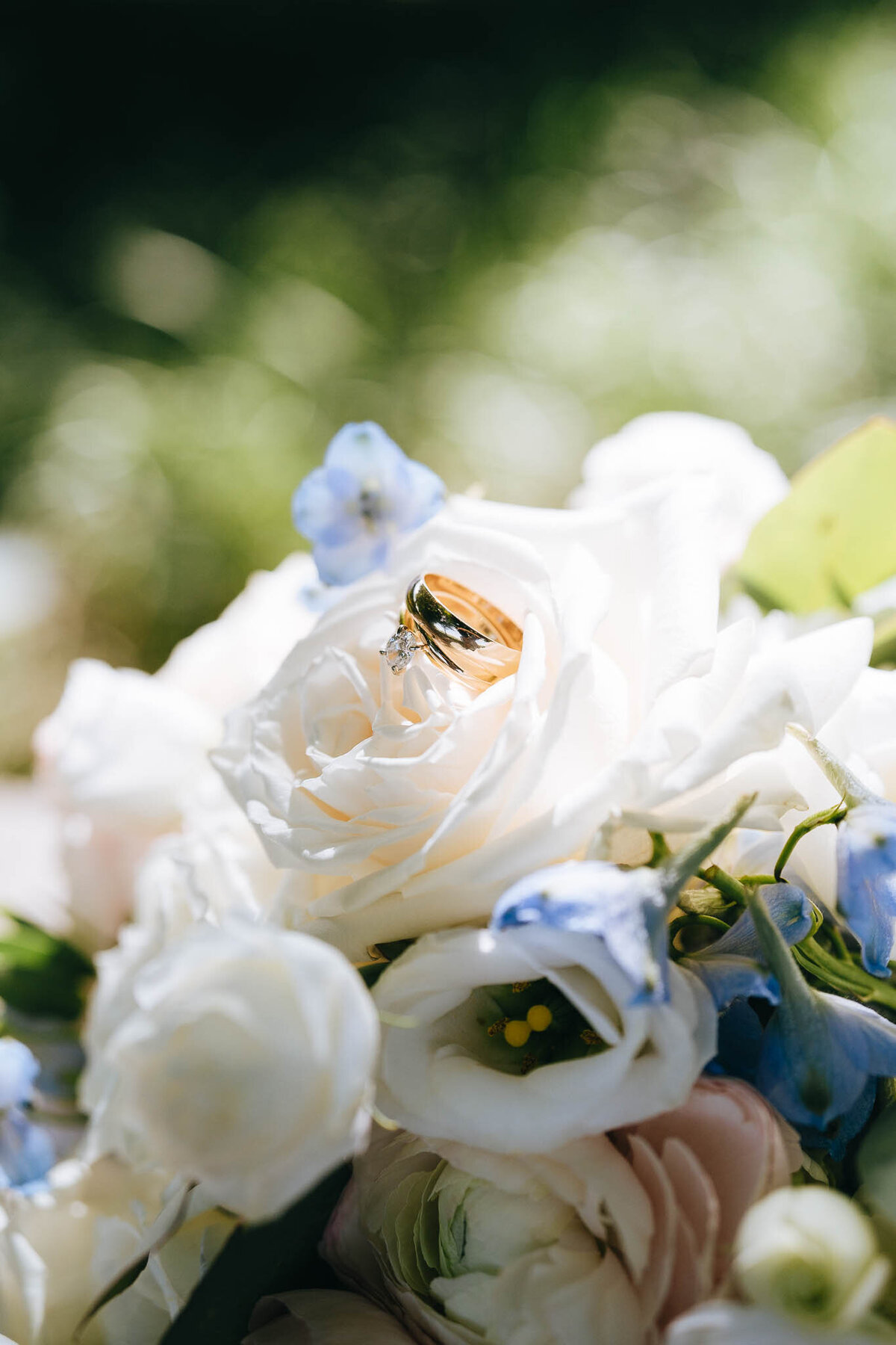 wedding rings resting on wedding bouquet