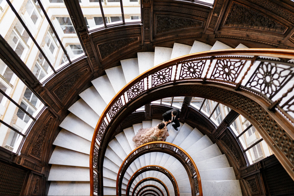 Aspen-Avenue-Chicago-Wedding-Photographer-Rookery-Engagement-Session-Histoircal-Stairs-Moody-Dramatic-Magazine-Unique-Gown-Stemming-From-Love-Emily-Rae-Bridal-Hair-FAV-39