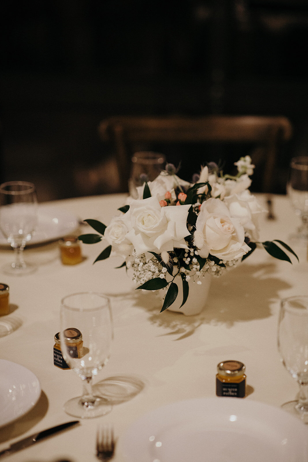 White pink and navy centerpiece