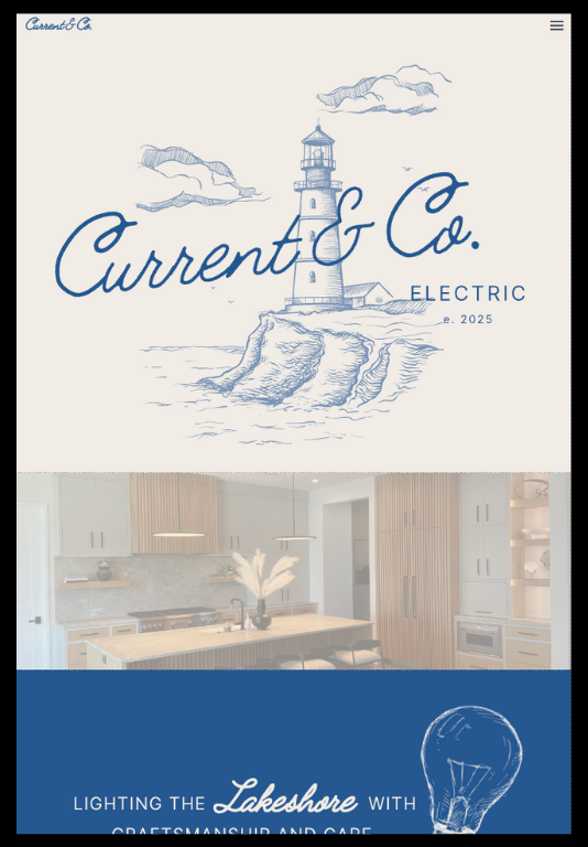 Current & Co. Electric custom Showit website design by Madison Paige Co., built for small trade business in West Michigan.”