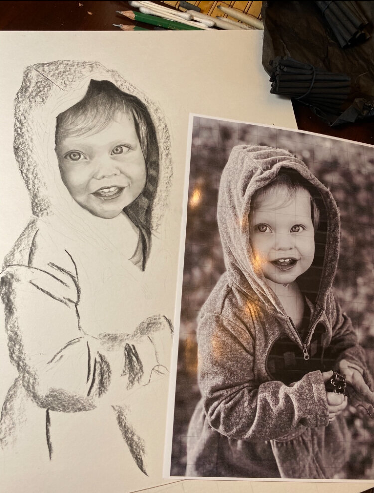 Pencil portrait of a boy, and the original photo