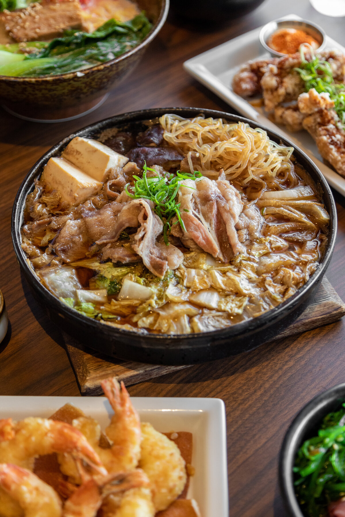 Izakaya Genby pork ramen, pho, and crab rangoons.