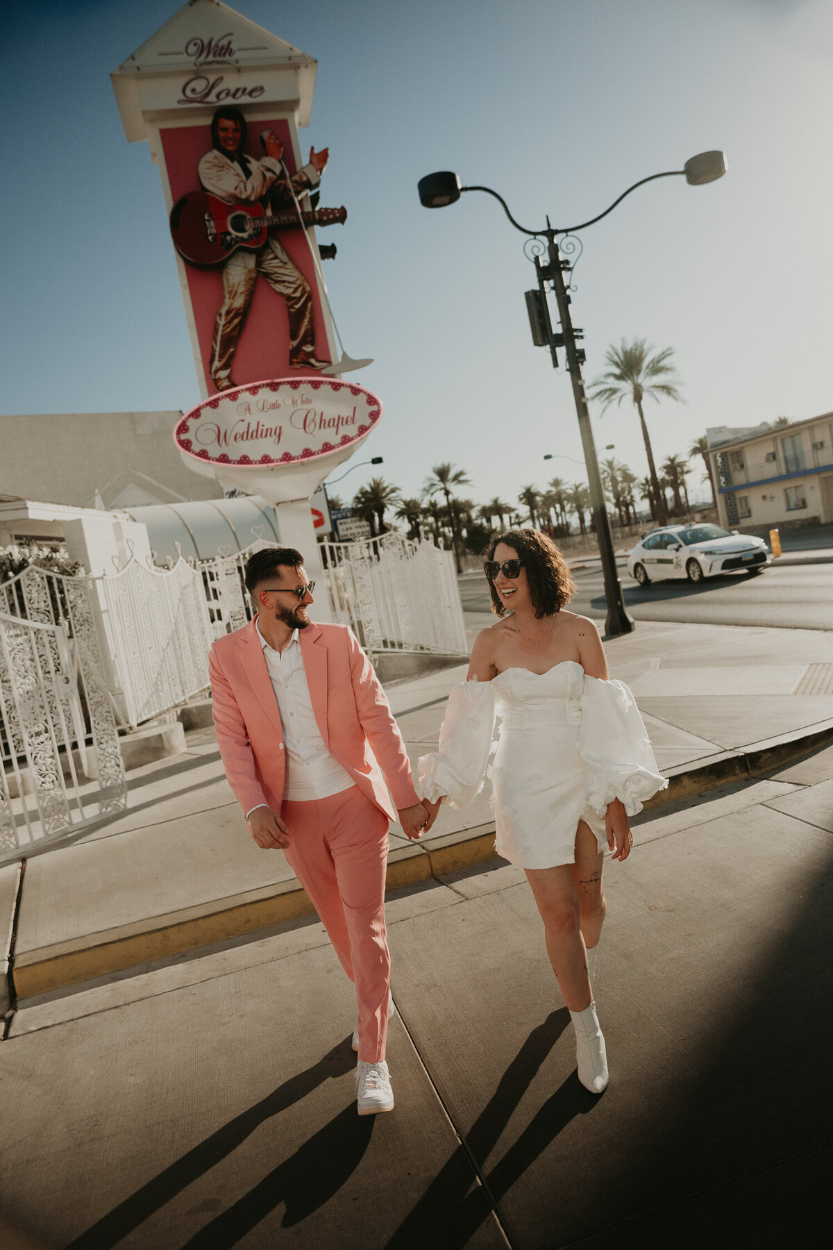 A bride and group outside A Little White Chapel in Las Vegas.