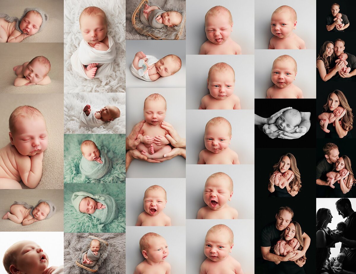 Family of four during newborn photoshoot with neutral tones and cozy styling