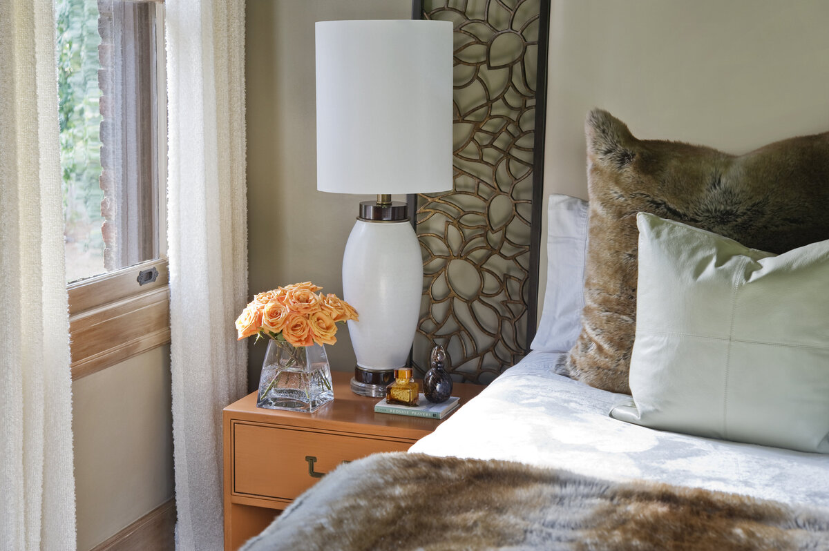 Panageries Residential Interior Design | Tudor Revival Estate Guest Bedroom Detail with Sidetable, fresh flowers, and White Lamp