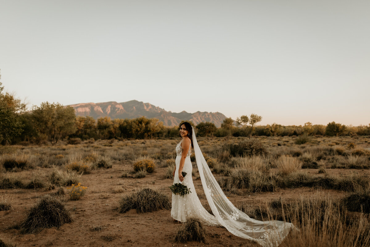 bride stanging in the desert with a long veil in front of the Sandia Mountains in Albuquerque