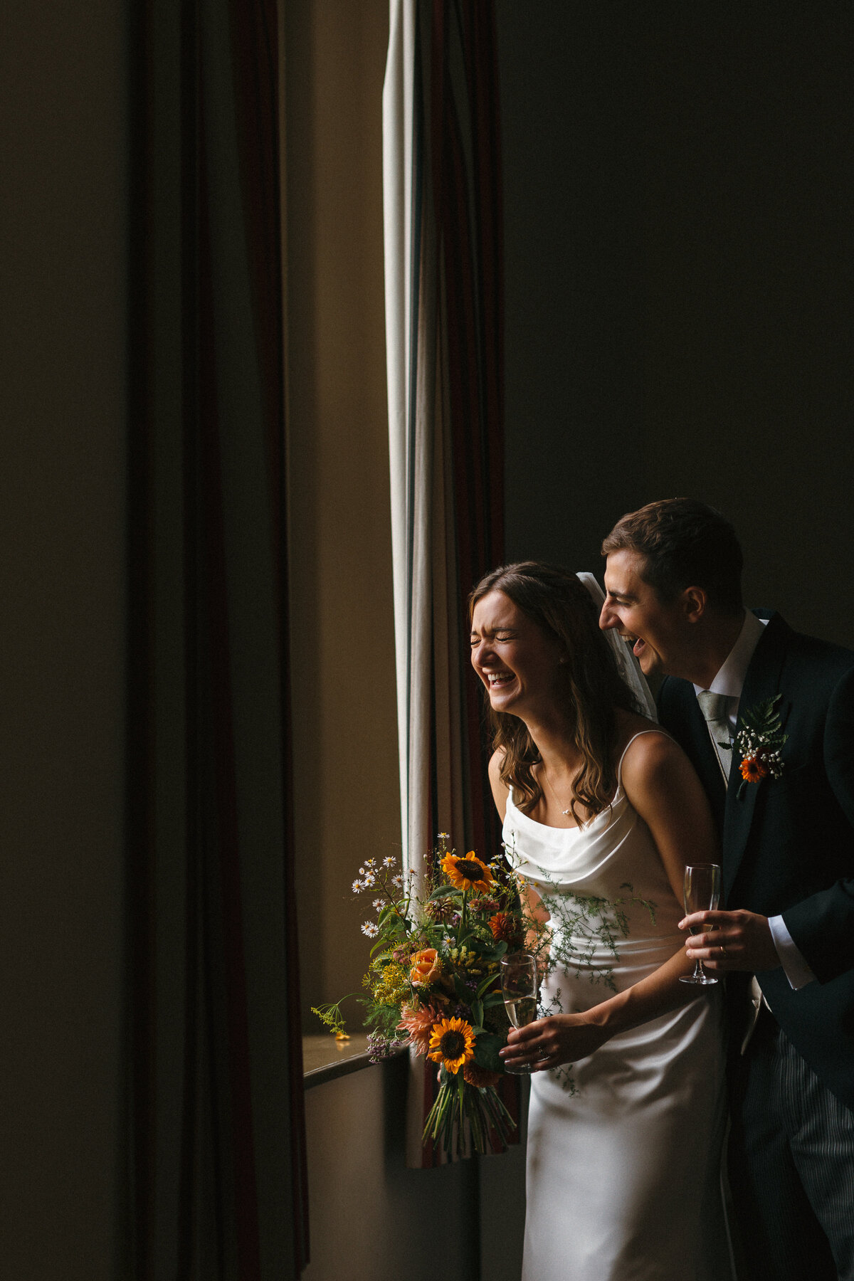 Couple portraits by window light at Wedding in Mid Devon