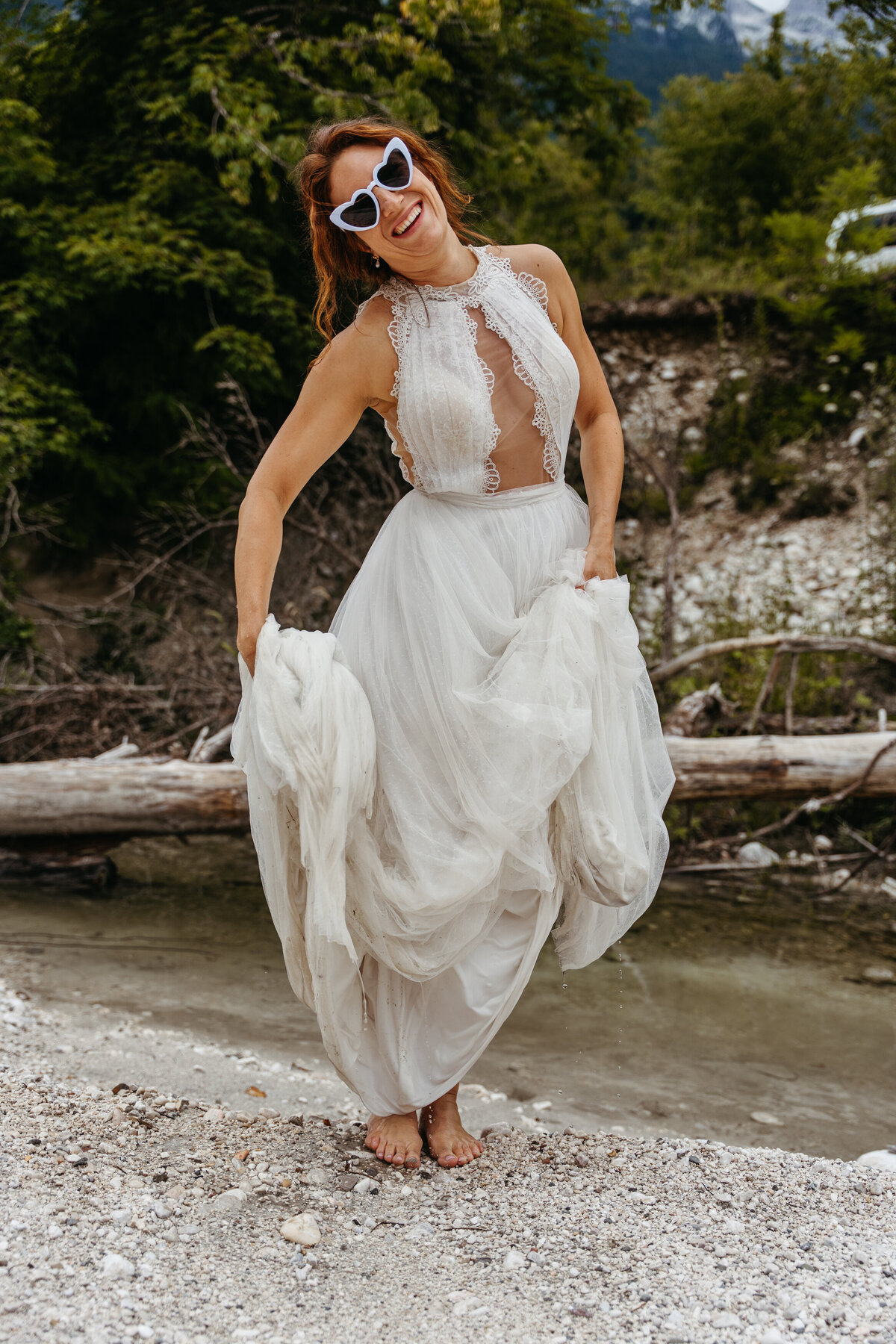 wedding dresses in Soča Valley river elopement