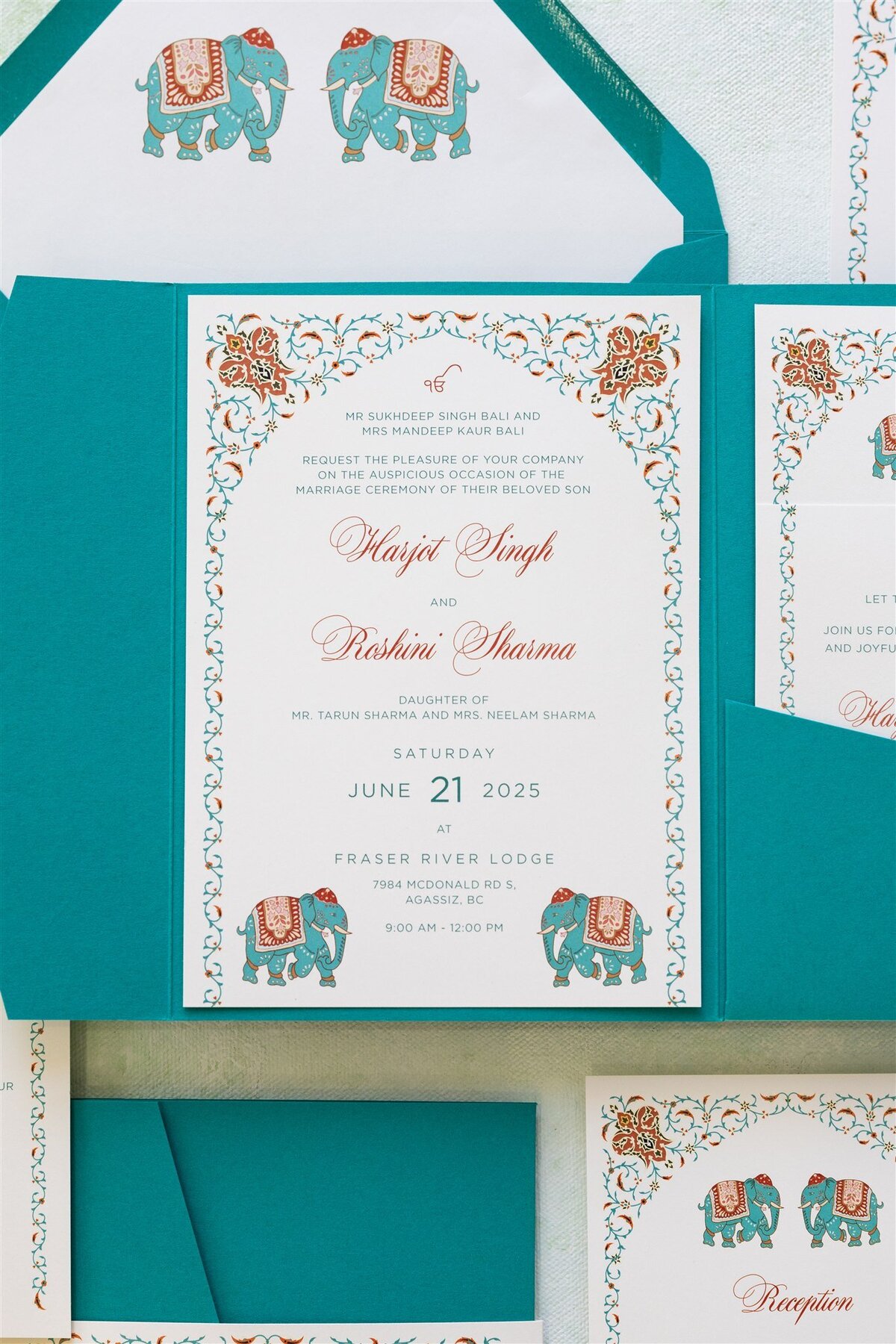 Teal pocket-fold wedding invitation 3