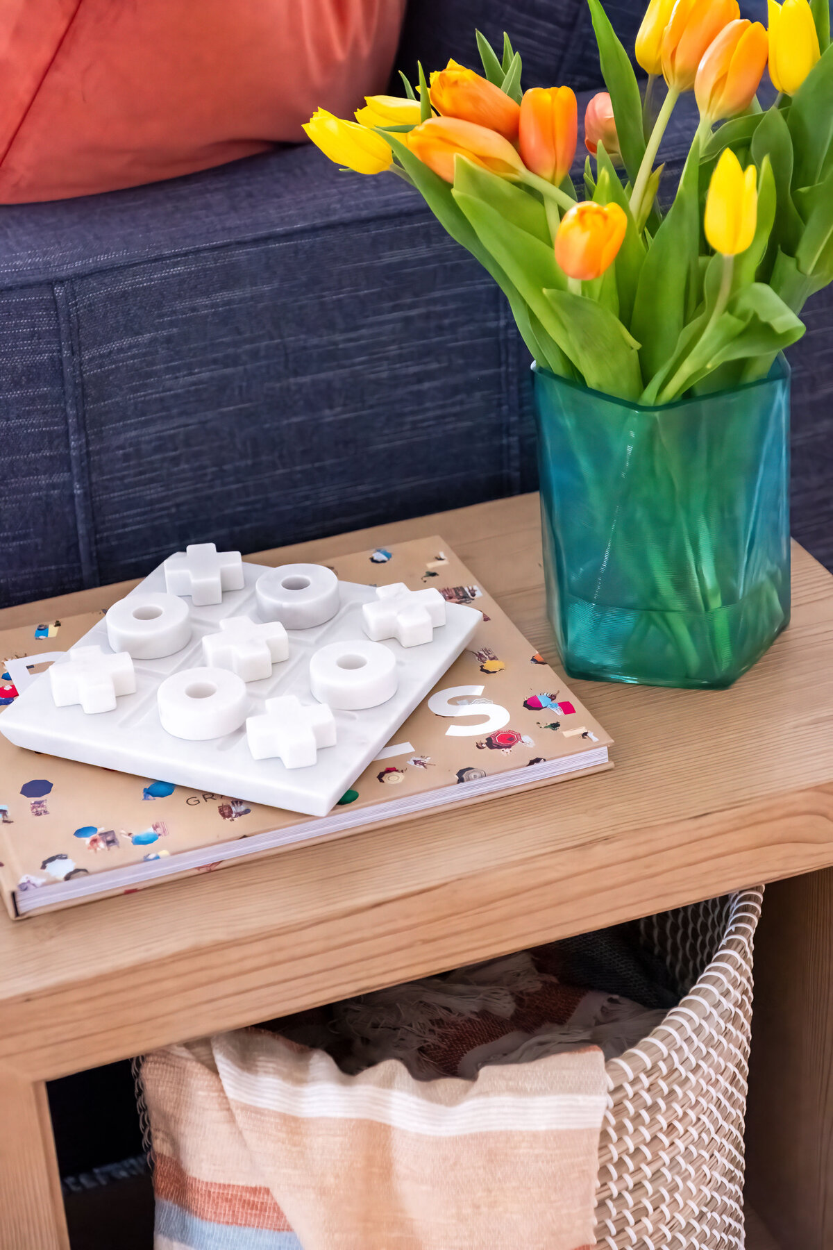 Furnish_Living Room_Accent Table Wood_Blue Vase_Tic Tac Toe Game