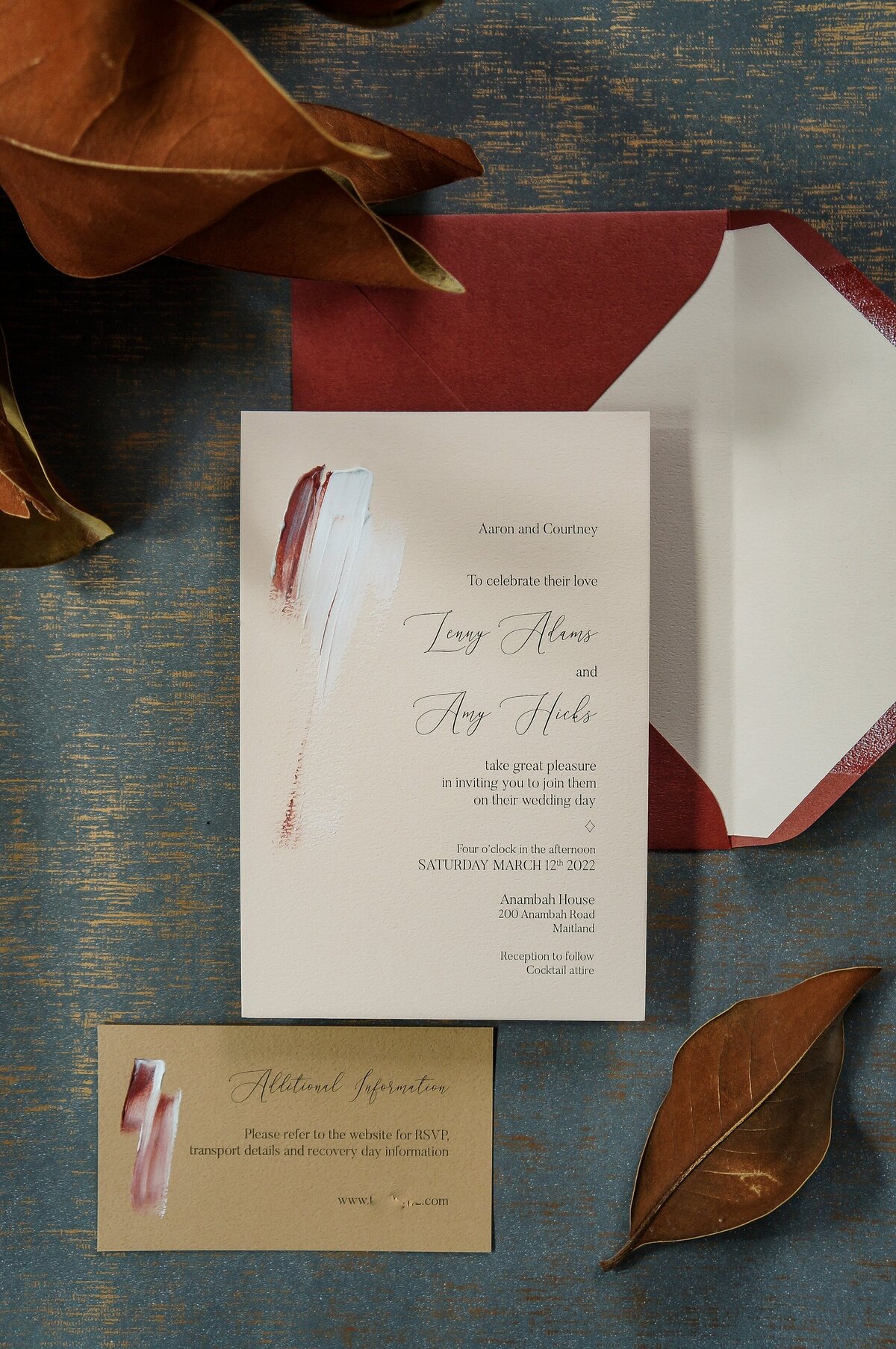 Rustic red and brown hand-painted wedding invitation and RSVP card