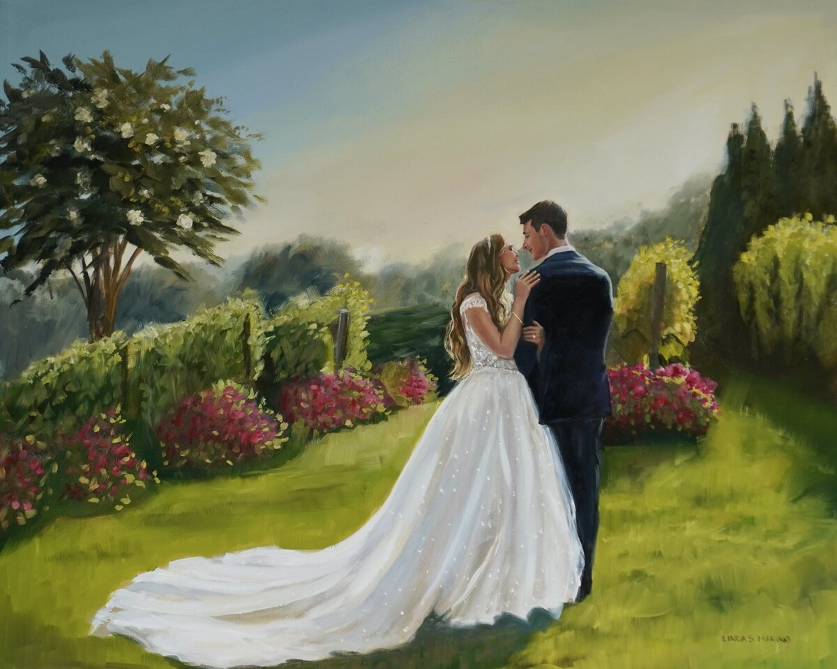 live wedding painting of bride and groom in the garden at Giorgio's on Long Island NY