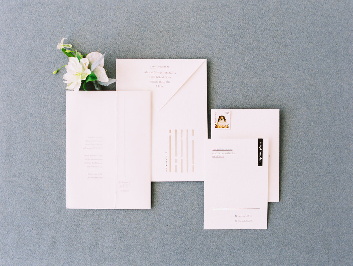 Invitation for wedding by Jenny Schneider Events at the Legion of Honor in San Francisco, California. Photo by Leo Patrone Photography.