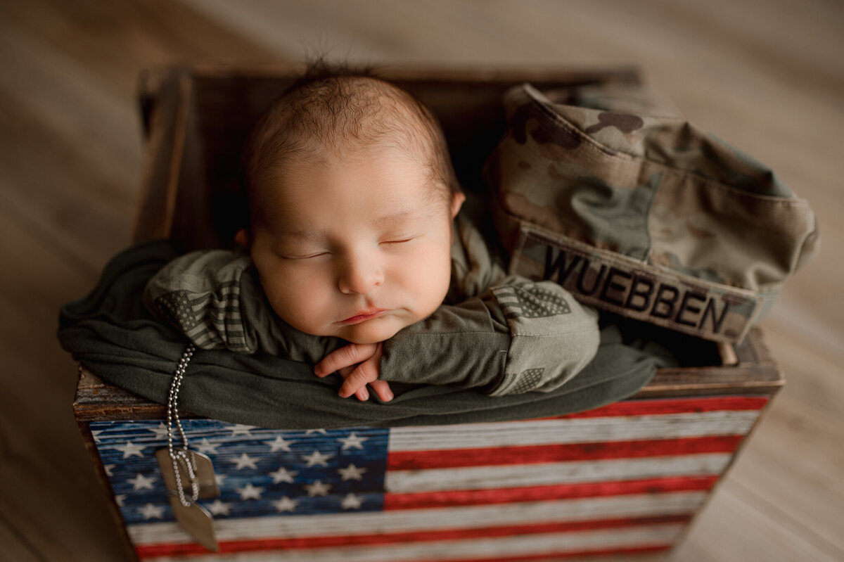 Newborn session military setting in studio