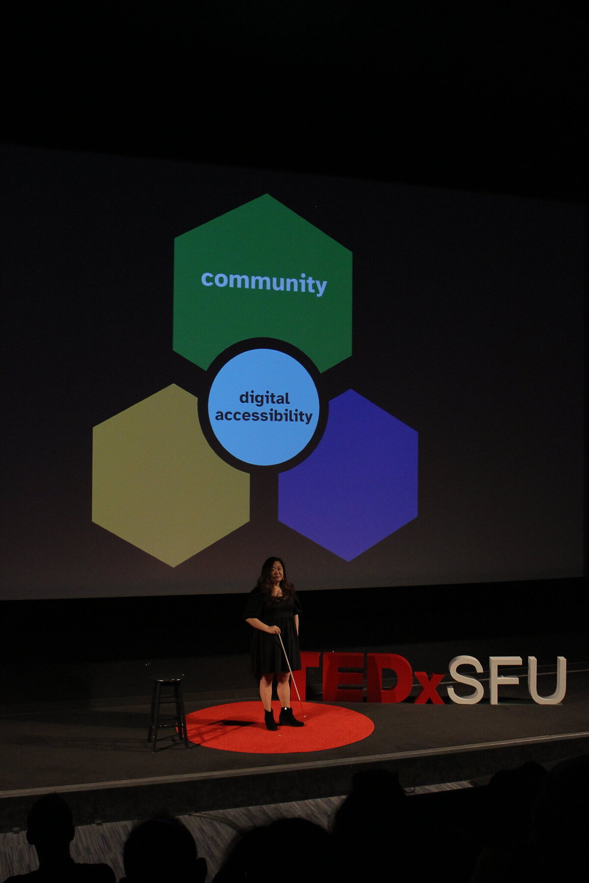 Anne stands with her white cane on the TEDxSFU stage with a graphic with the words "digital accessibility" and community"
