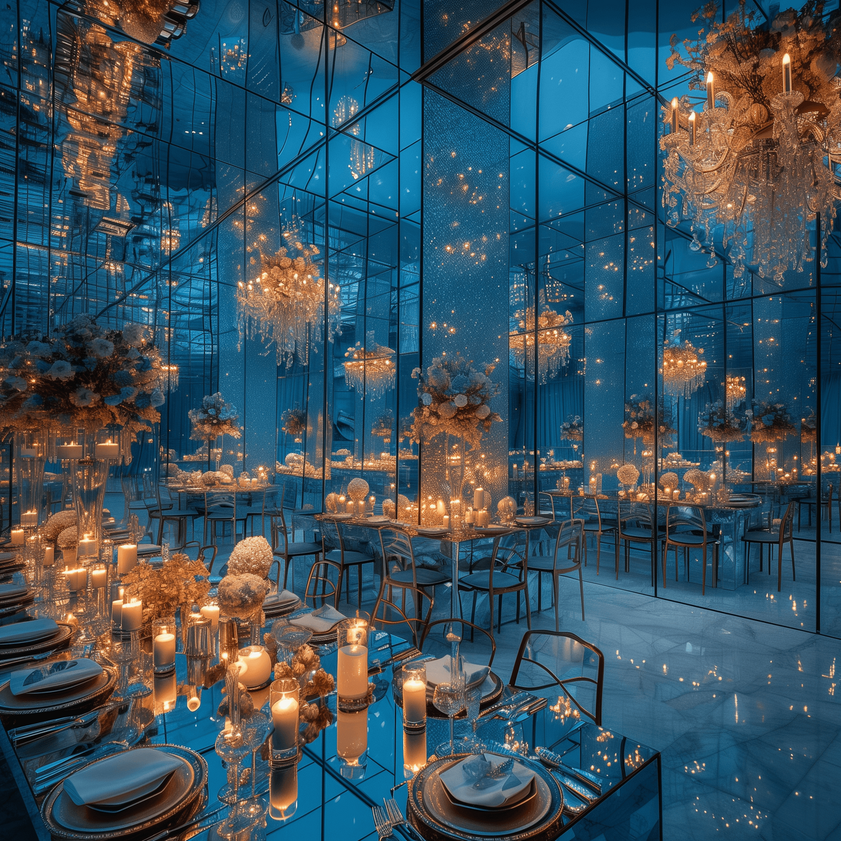Gala set up in a blue mirrored room