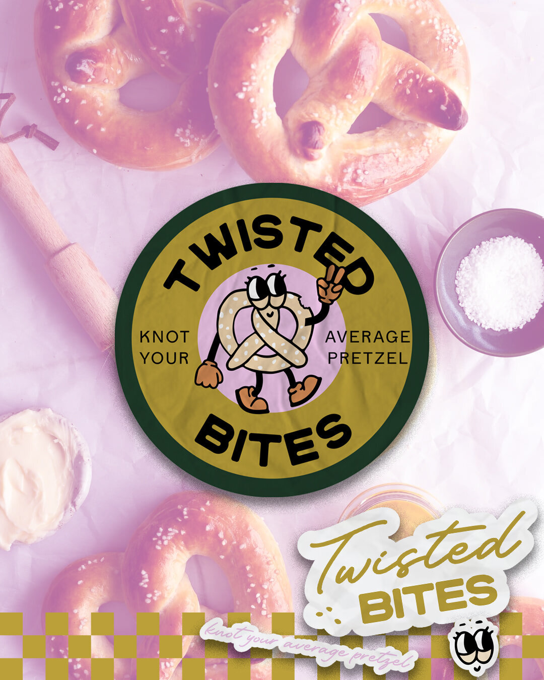 Retro-inspired bakery branding with unique mascot illustration – Twisted Bites' branding centers around a fun, nostalgic mascot that brings personality to the brand. The design combines vintage aesthetics with a modern twist, making it a perfect fit for a bakery that blends classic techniques with bold new flavors.