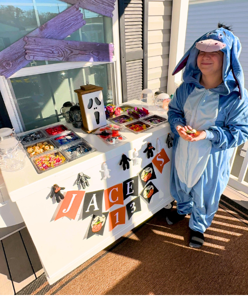 Holiday-themed mobile snack cart with signage