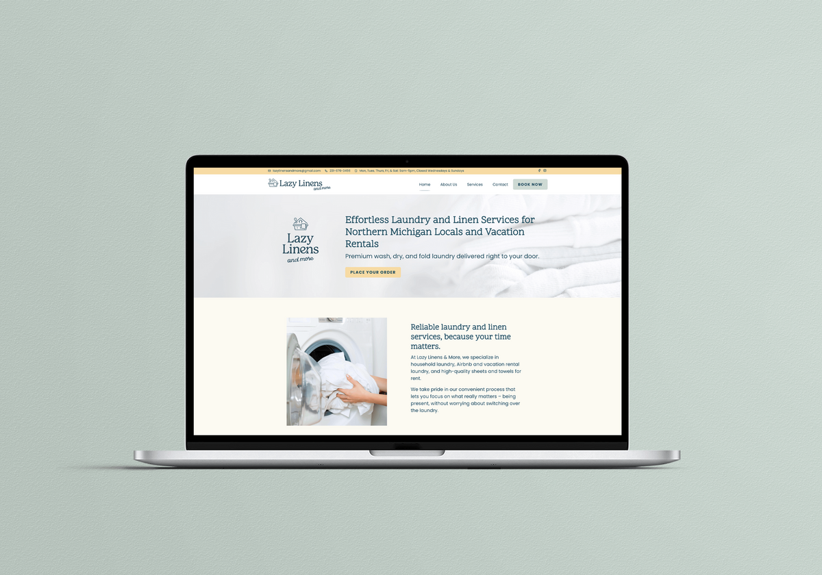 Elegant website design for service-based business featuring a sage green background and butter yellow accents for a calm, modern feel.