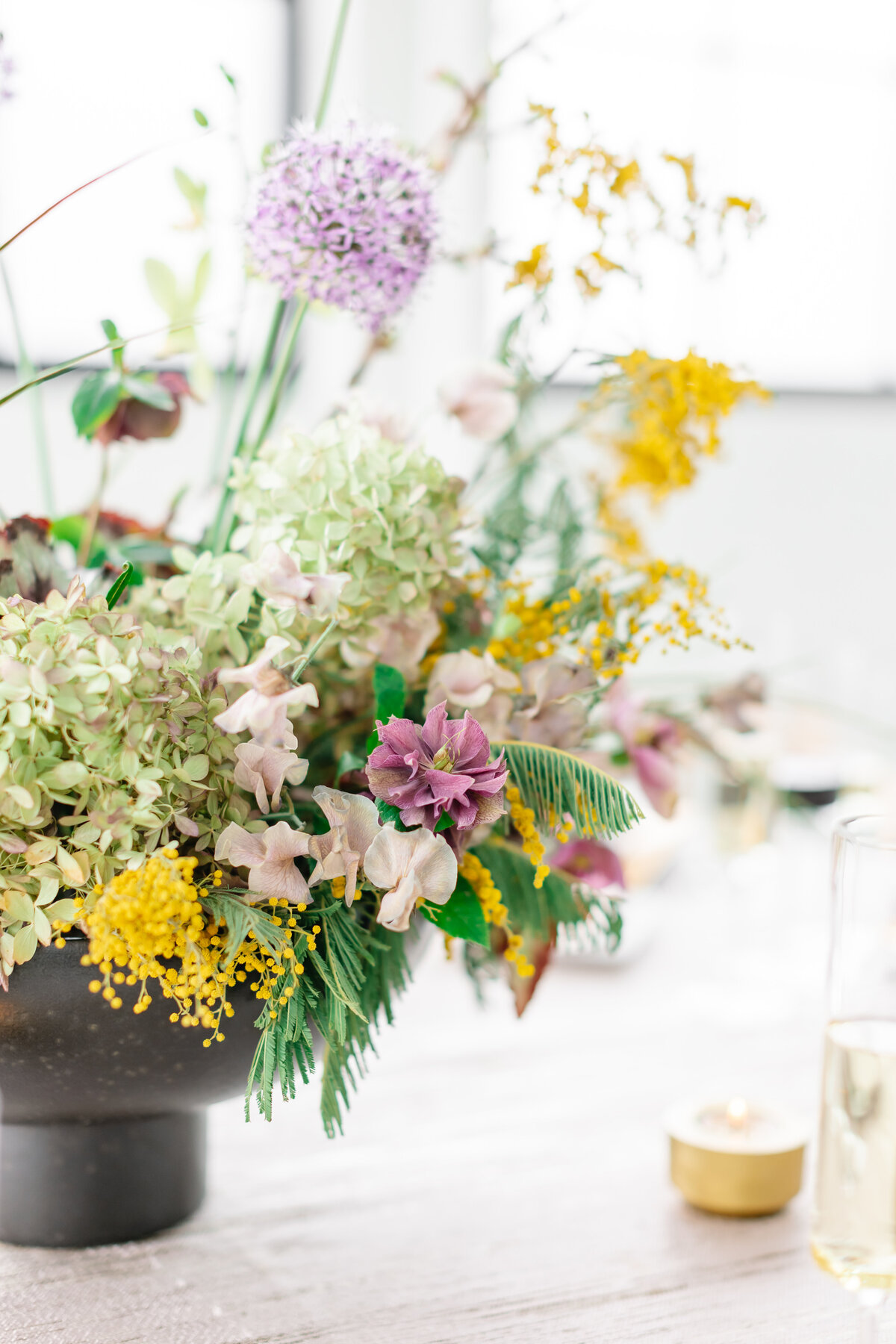 lilac, green, yellow modern centerpiece