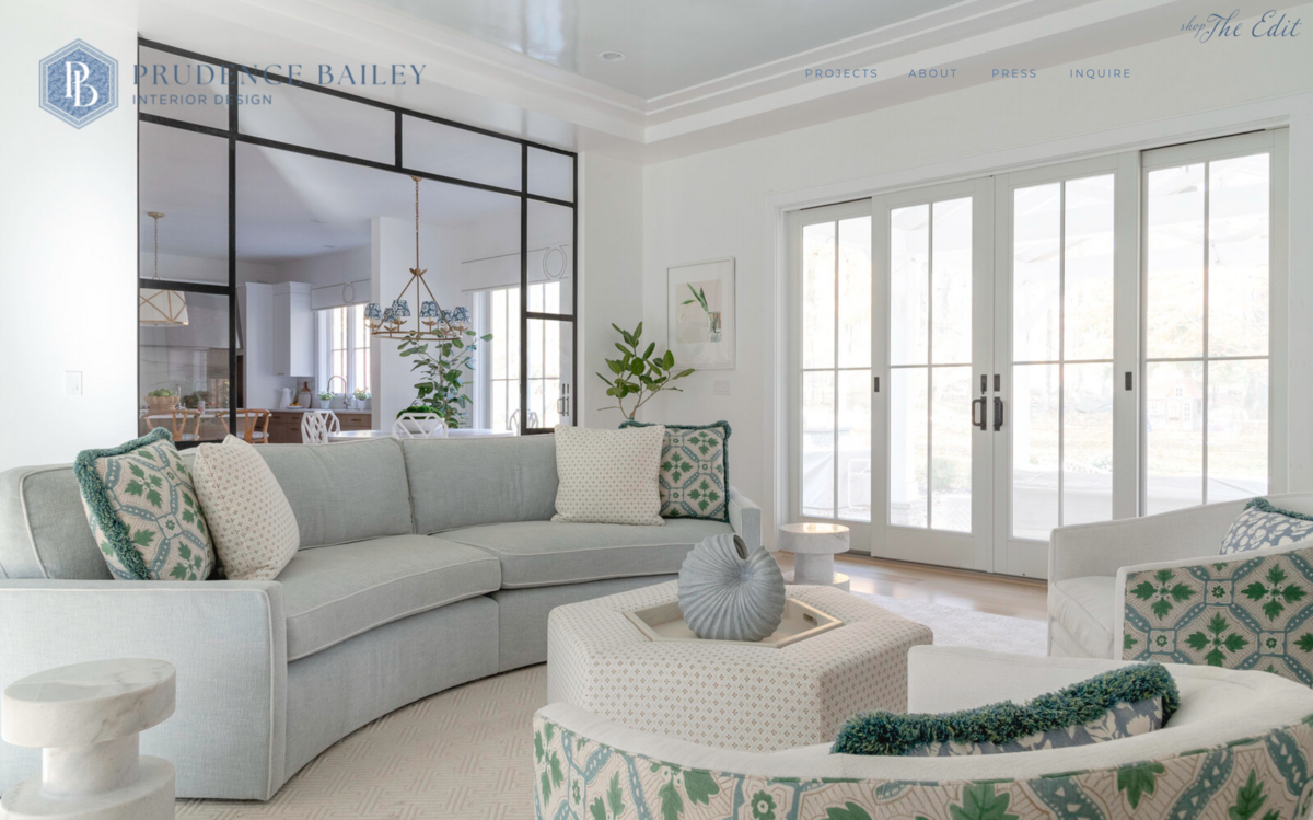 Prudence Bailey Interior Design Landing Page featuring a living room