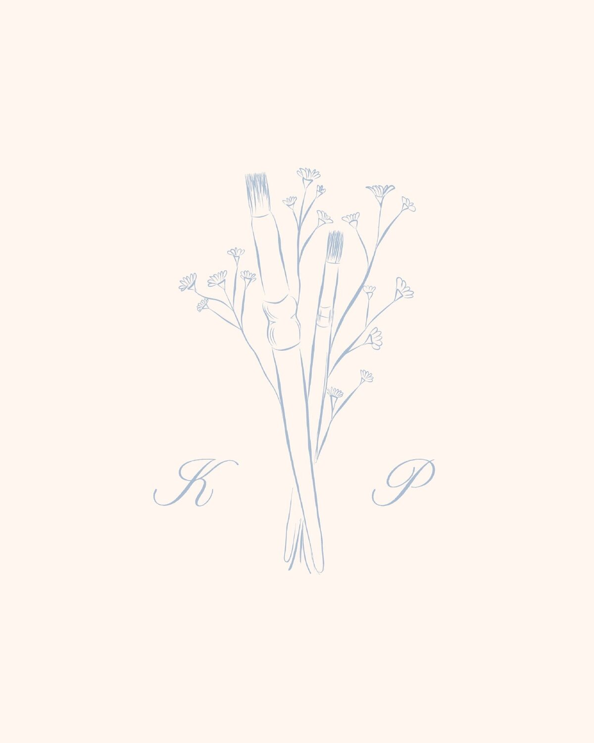 A professional image of the artistic submark logo for Korianne Paints. The design features a bouquet of delicate flowers and paintbrushes in a soft dusty blue, embodying the romantic and unique style of a live wedding painter.