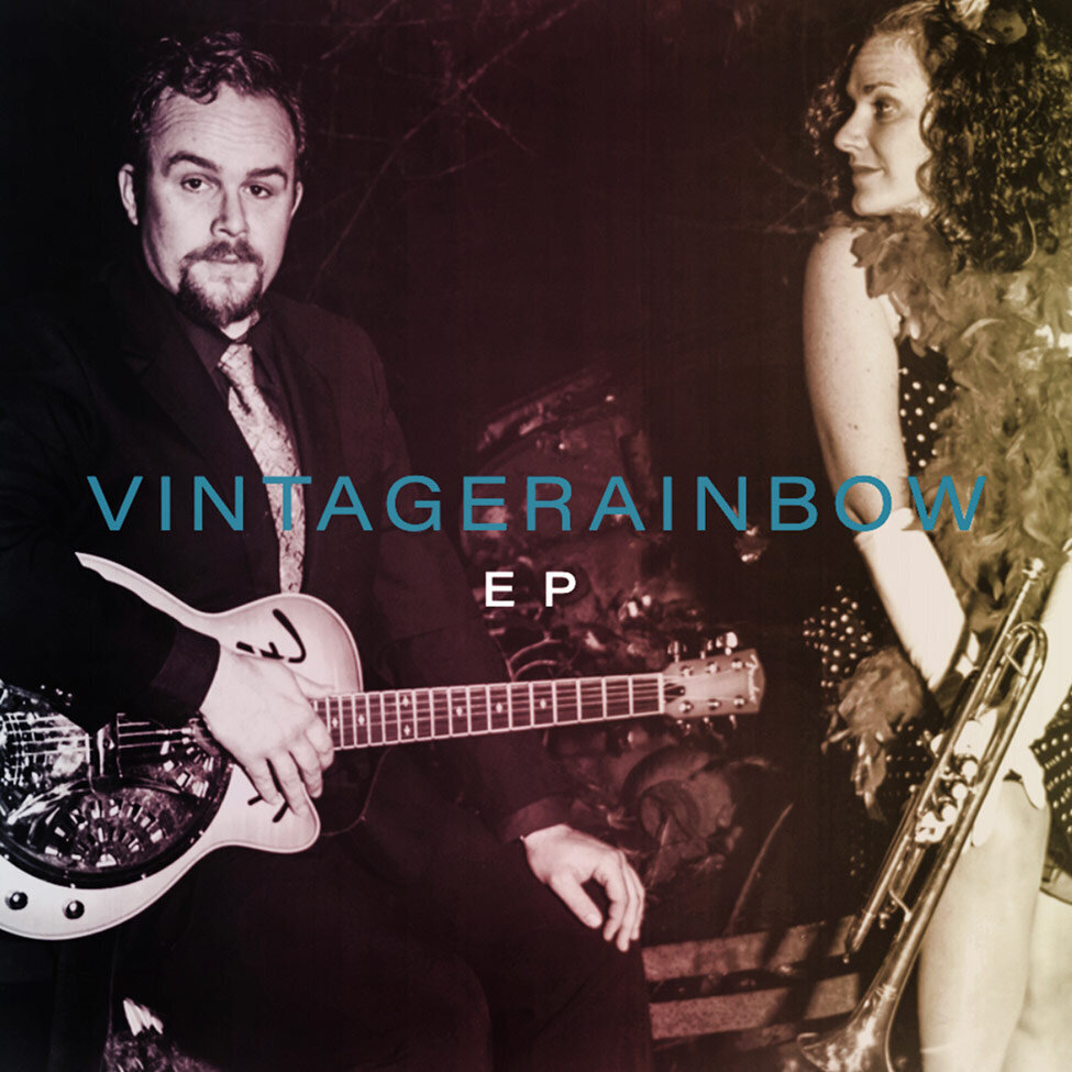Album Cover duo Mad For Joy sitting holding instruments black and white image toned purple and yellow Title Vintage Rainbow