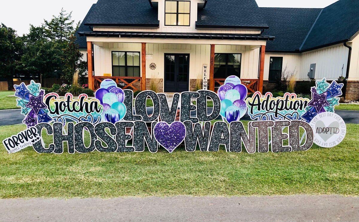 Adoption Celebration Yard Sign Setup in Edmond, OK.Simply Sign It is a yard greeting sign rental company servicing Edmond, NW OKC, Piedmont, and Deer Creek. Create a yard greeting sign for your home, organization, or school.