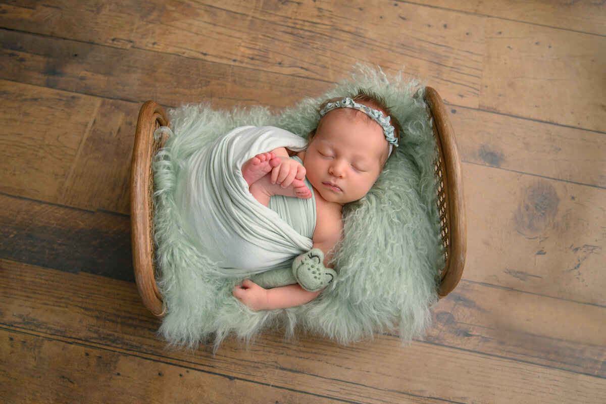 newborn girl wrapped in green on a tiny bed for her newborn photos in Burlington, Ontario