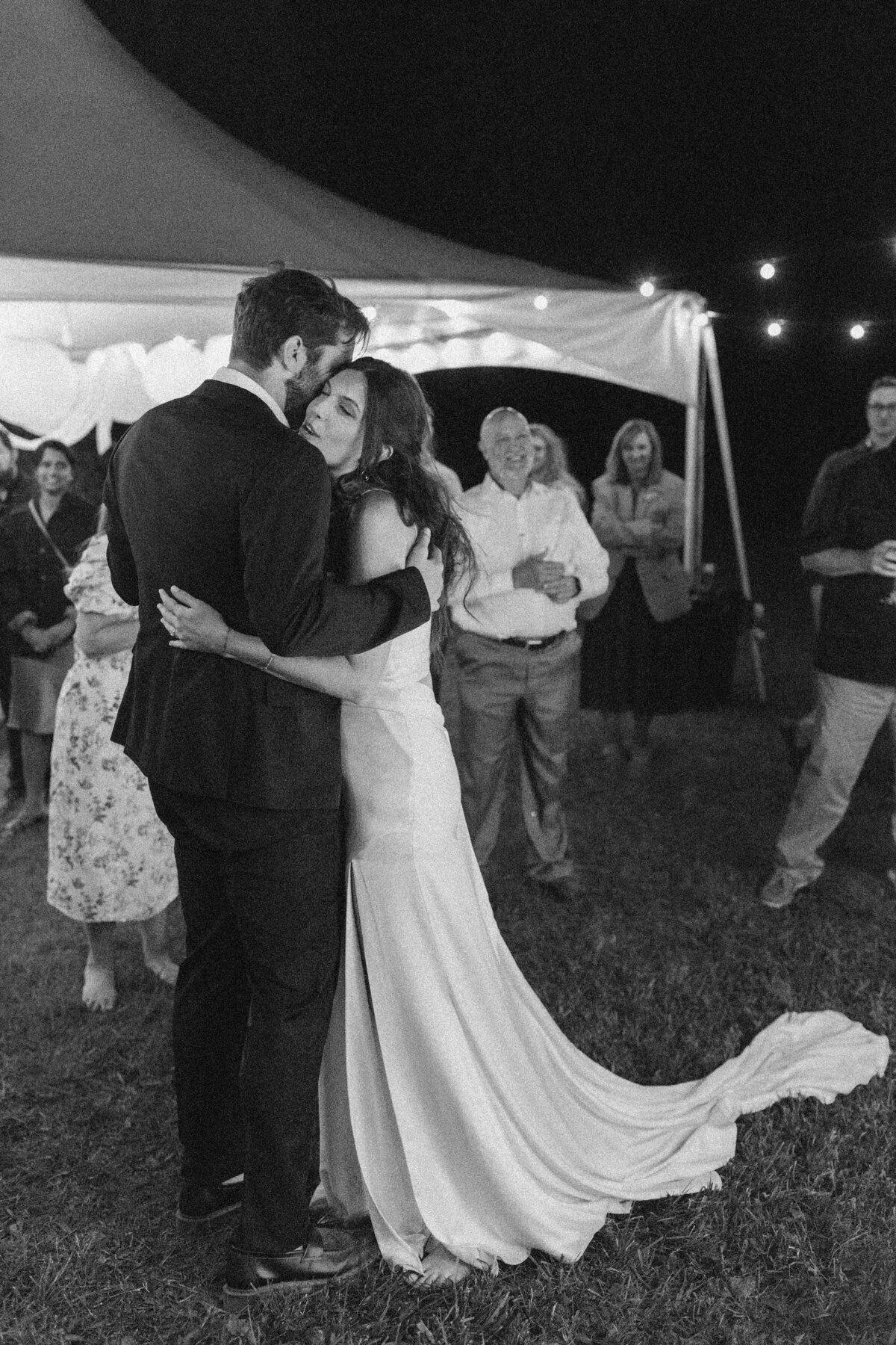Bride and groom dancing at wedding reception at Dallenbach Ranch Wedding Colorado
