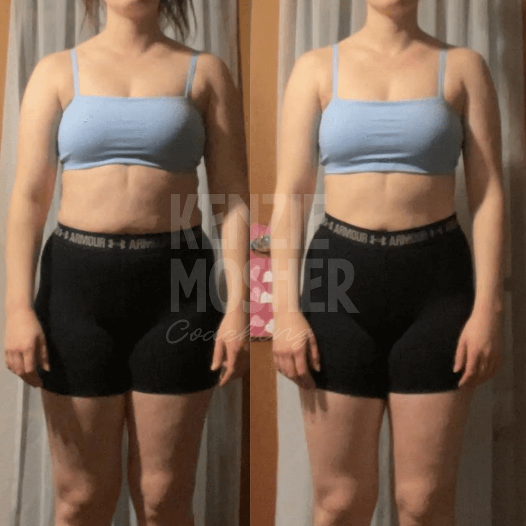 Transformation photo from Kenzie Mosher’s functional fat loss program.