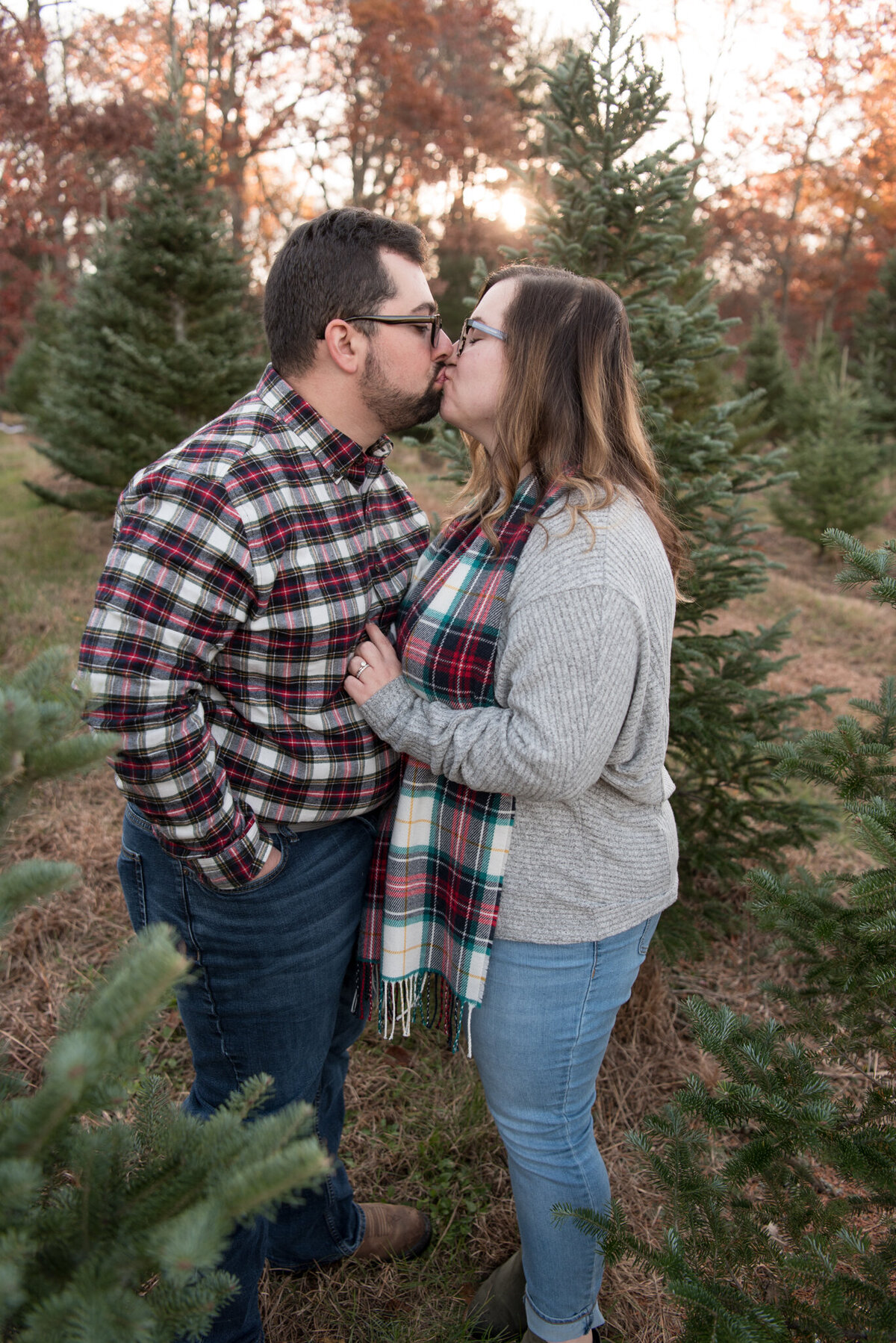 Couple kissing in front of tree at sunrise